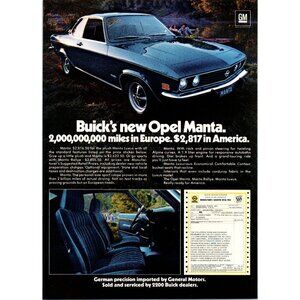 1973 Buick Opel Manta Luxus Vintage Print Ad Campsite Kayak River Wall Art